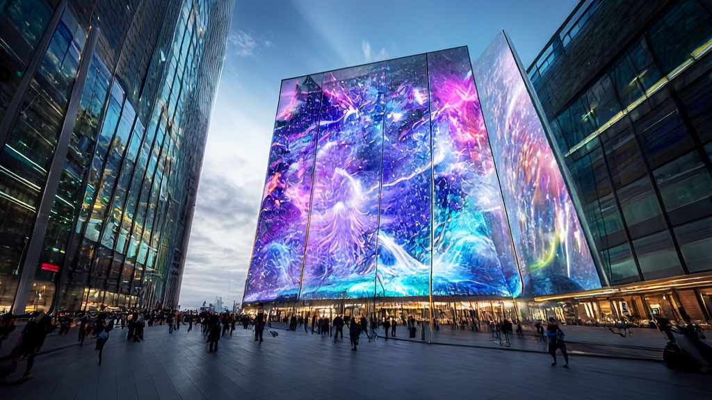 A futuristic city scene showcasing AI-powered targeted advertising and customer acquisition