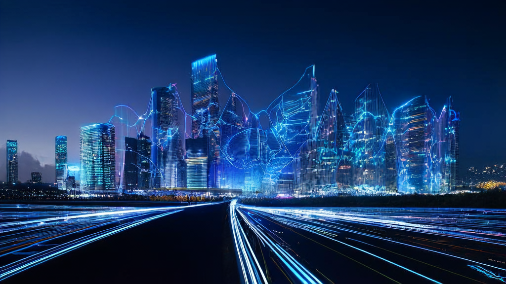 A futuristic city with a data control center where technicians use AI predictive models to precisely target high-quality customers and reduce ineffective spending for efficient customer acquisition.