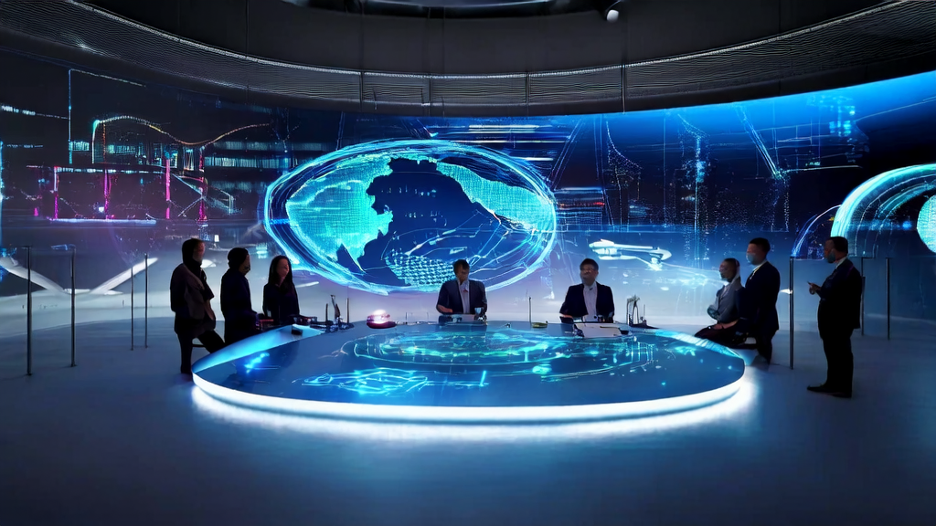 未来感办公室内团队讨论2025年跨境电商AI获客新趋势,背景墙上显示全球市场数据和AI算法更新消息