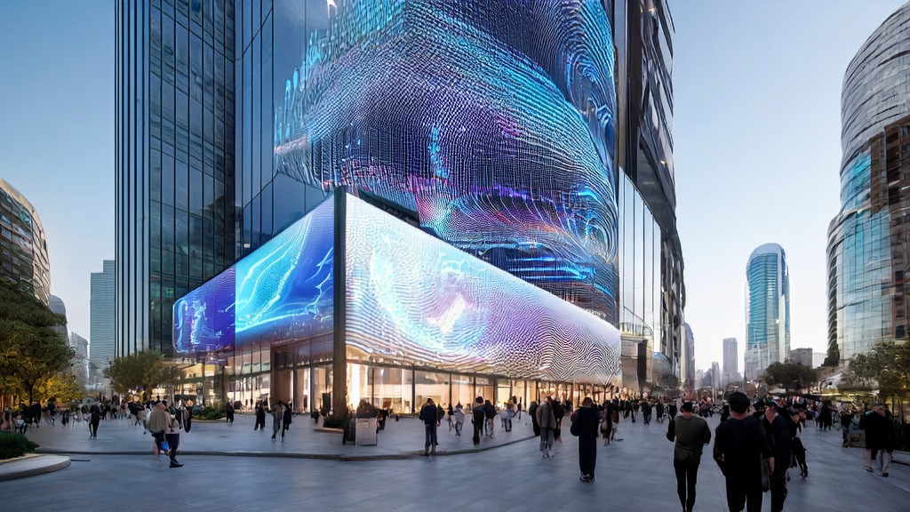 未来城市中展示AI客户预测模型和跨境电商店铺的科技场景