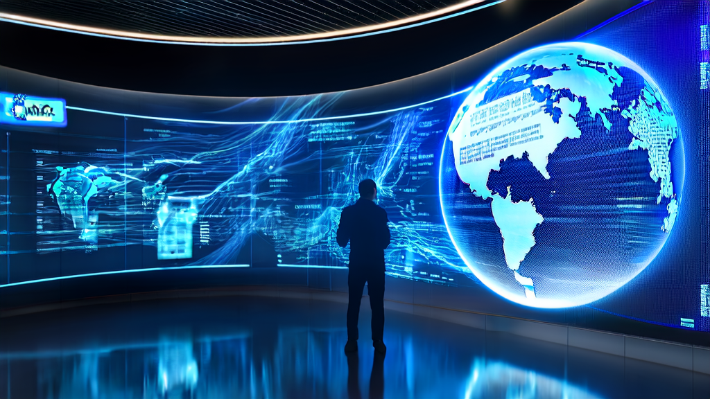 未来办公室中,跨境电商创业者利用AI技术监控全球市场数据并关注印度市场发展