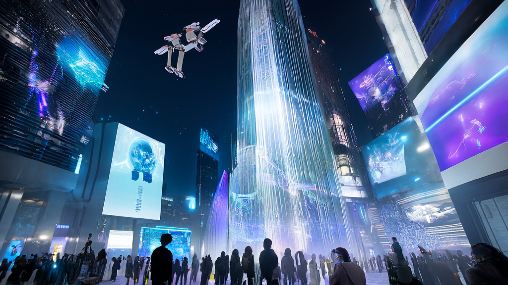 In a futuristic cityscape, a Disney-developed robot is gracefully falling, showcasing AI technology in customer acquisition and ad targeting.