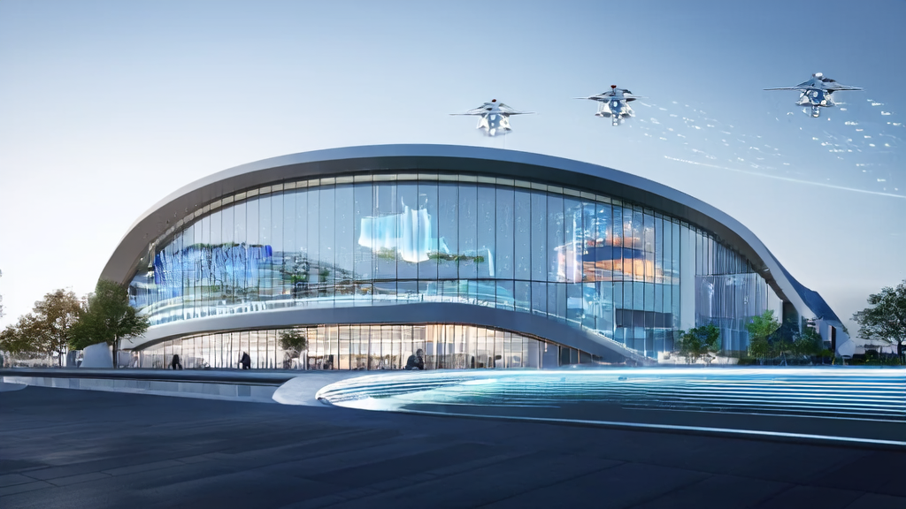 Future city AI customer acquisition trends: A professional woman interacts with a virtual assistant to explore generative AI applications, with a modern office building and large electronic screen in the background.