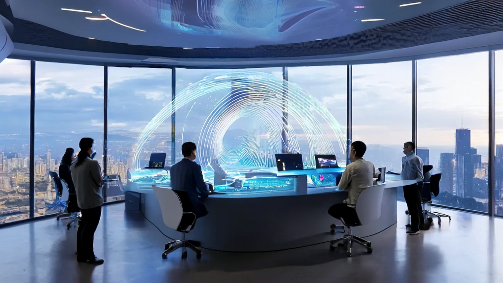 In a futuristic tech company, employees use AI to optimize ad placements and precisely reach target customers.