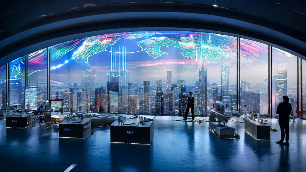 In a high-tech office in a futuristic city, an entrepreneur communicates with global clients via a smart screen, leveraging AI to generate multilingual marketing content and process emails and data analysis.