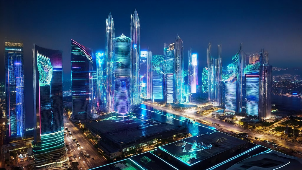 未来中东城市的夜晚，数据中心展示AI技术在跨境电商中的应用