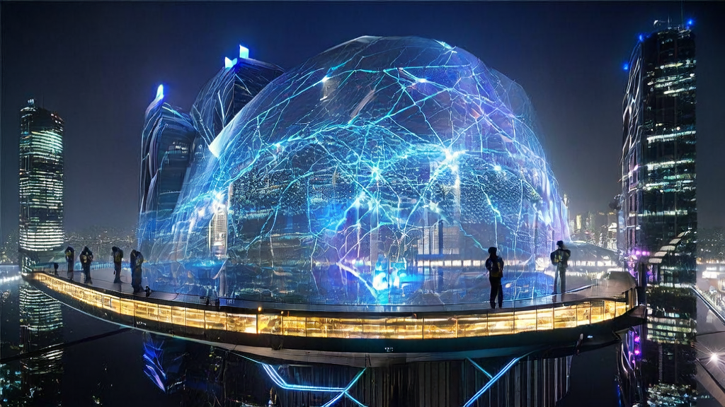 未来城市夜景中的AI控制中心，展示跨境电商通过AI技术实现精准获客