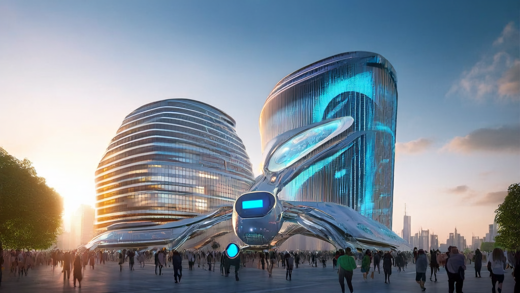 A modern cross-border e-commerce building in a futuristic cityscape, topped with an AI robot sculpture symbolizing the fusion of technology and business