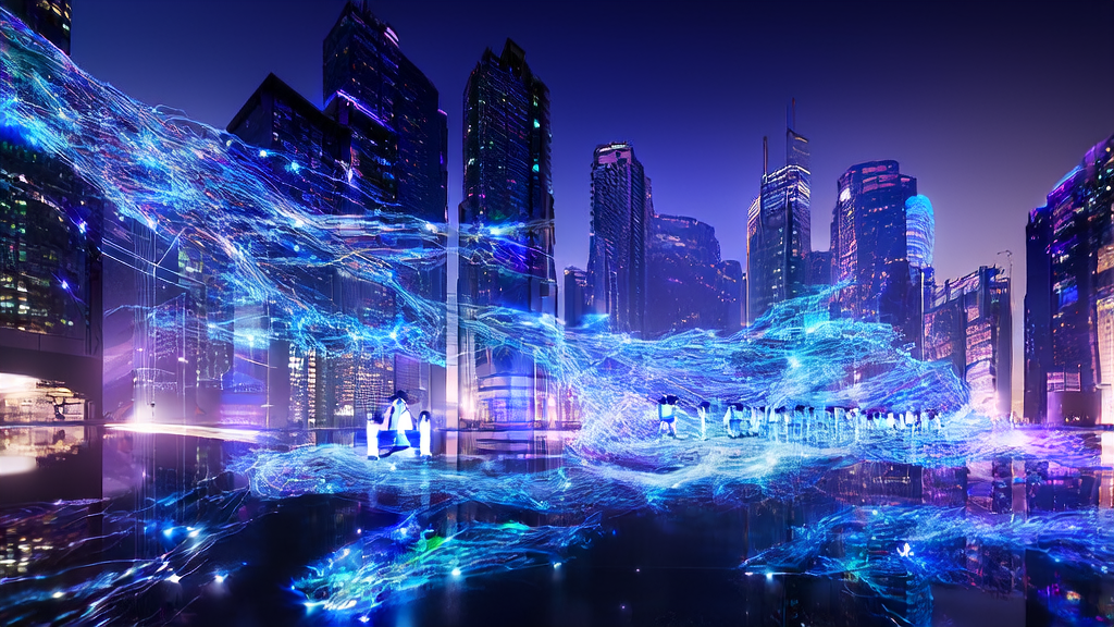 Tech company in a futuristic city using AI customer prediction models for precise acquisition