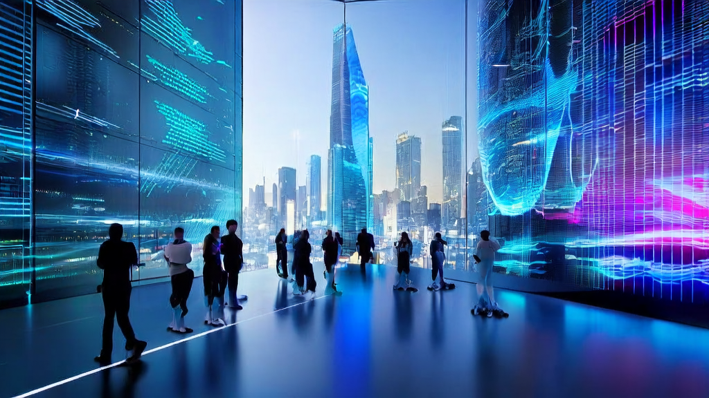 Data scientists in a modern office building use AI technology to optimize ad placements, achieving precise audience targeting and reducing CPA