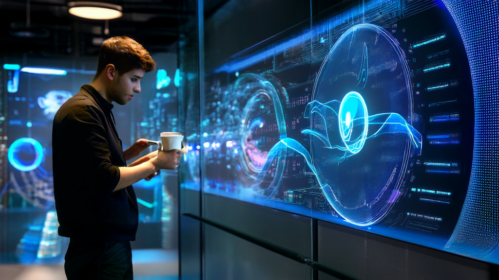 Entrepreneur in a futuristic office using AI browser automation tools for cross-border e-commerce market research