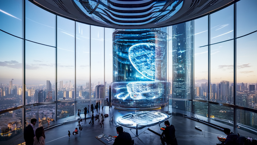 未来城市中的跨境电商办公室，员工利用AI技术进行精准获客和数据分析