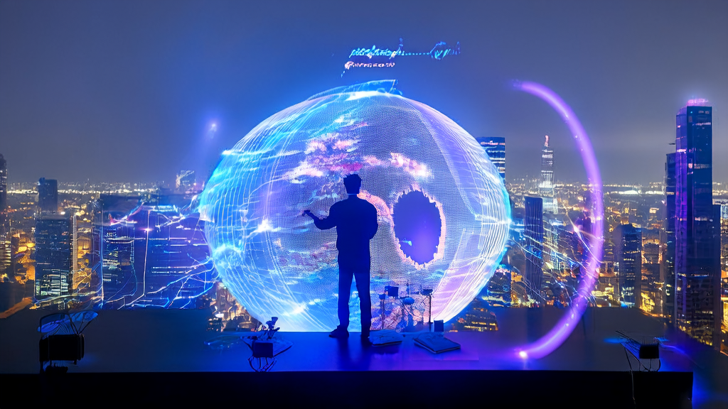 In a futuristic city, an entrepreneur uses the Zhiyuan Lingchuang platform for zero-code robot content creation to expand into overseas markets