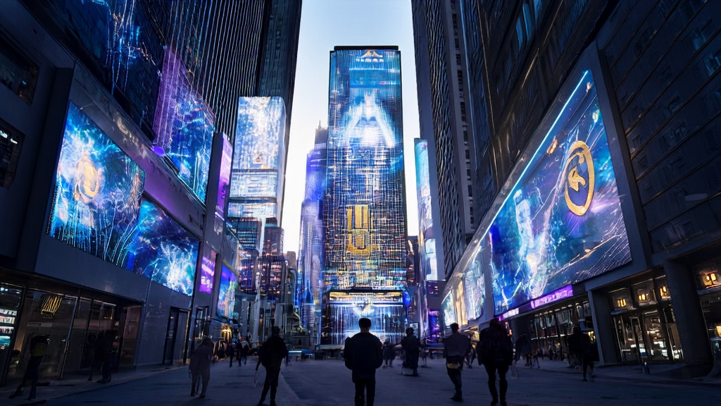 A futuristic city scene showcasing AI-optimized advertising with personalized ads and the logo of Bezos's mysterious AI company Project Prometheus