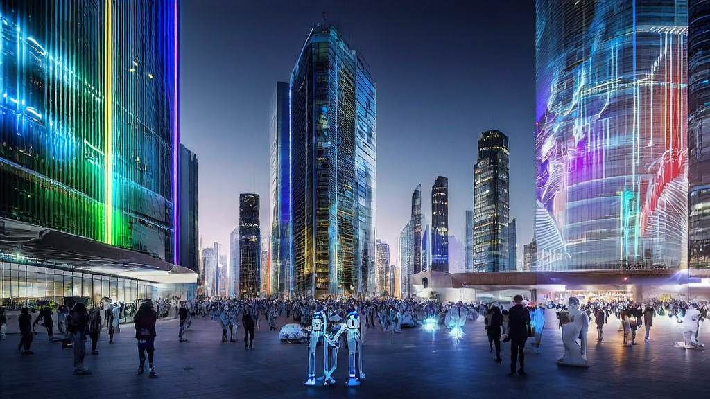 A futuristic city showcasing AI technology, including intelligent robots and a data stream sculpture, symbolizing the latest applications of AI in customer acquisition.