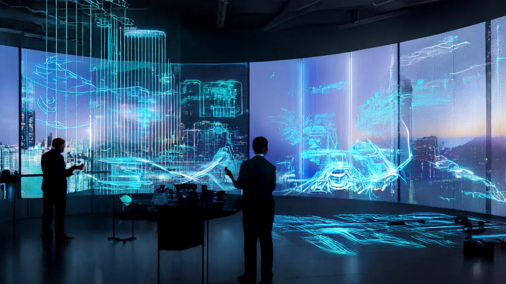 In a futuristic office, an entrepreneur uses the AI entity "Aoxia" for precise customer acquisition and supply chain management in cross-border e-commerce.