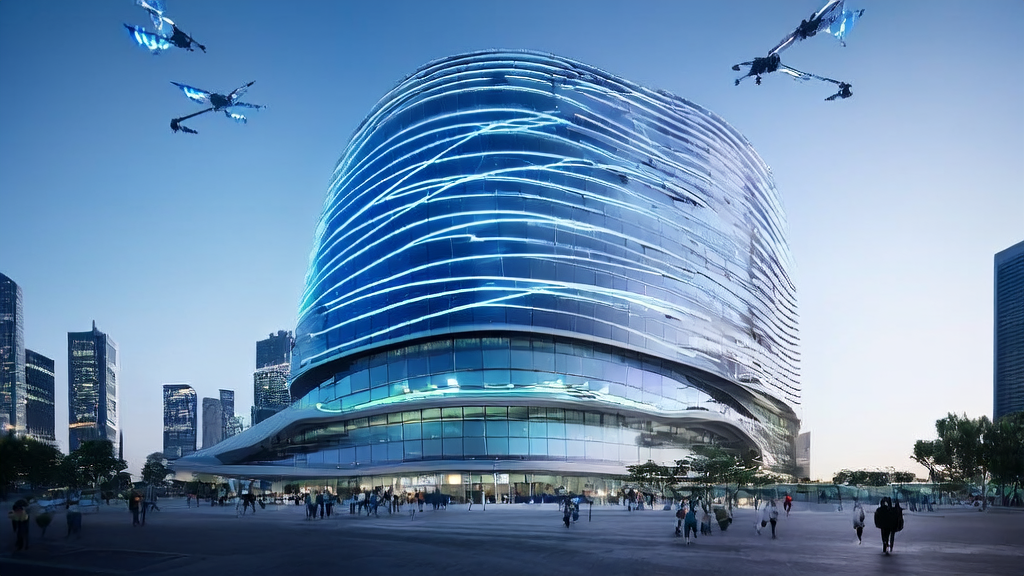 A modern cross-border e-commerce office building in a futuristic city, showcasing the application of AI technology in global trade