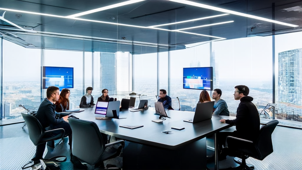 In a modern office building in a futuristic city center, a team discusses the new trends of AI customer acquisition in 2025, exploring how cross-border e-commerce can break through growth bottlenecks using AI technology.