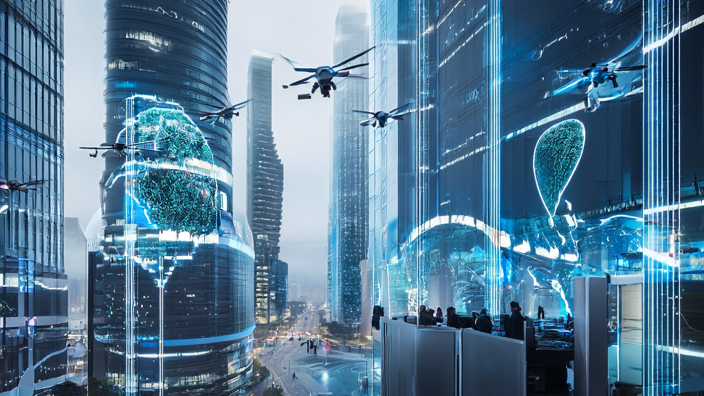 New trends in AI customer acquisition: The success path of cross-border e-commerce, showcasing a futuristic smart office environment and global business operations