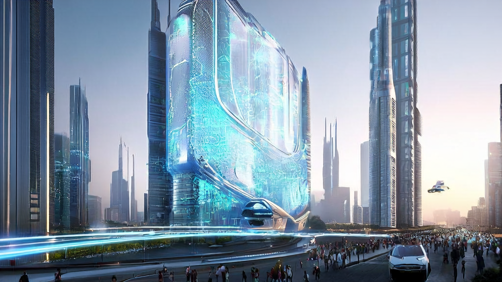 未来城市的全息投影展示AI客户预测模型，人们通过智能设备互动