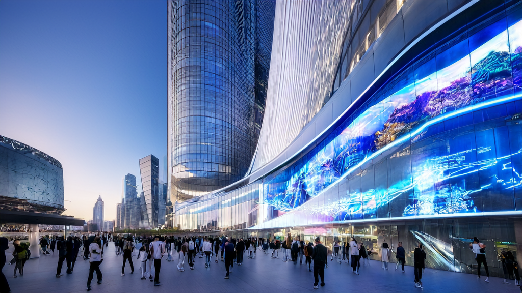 未来城市中的跨境电商创业者讨论2025年AI获客新趋势，智能机器人分发宣传资料