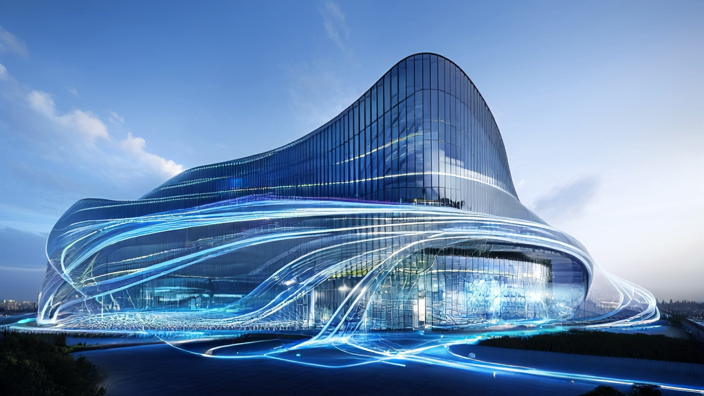 In a futuristic city skyline, an AI system inside a modern cross-border commerce building optimizes ad placement strategies for precise customer acquisition.