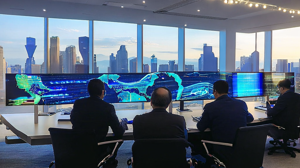 阳光照射下的跨境电商公司办公室，员工们正在使用AI工具进行关键词优化和多语言内容生成，墙上挂着全球业务覆盖的全球地图。