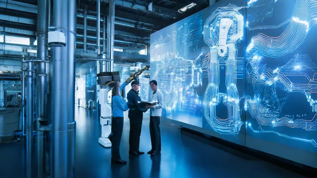 Smart robots working efficiently in a modern industrial plant, engineers monitoring with tablets, and humanoid robot Neo interacting with engineers, showcasing the application prospects of AI technology in the B2B market.