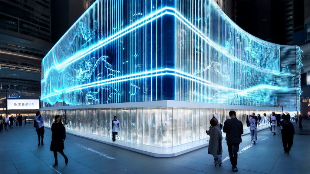 A futuristic cross-border e-commerce hub showcasing AI technology in shopping and customer service