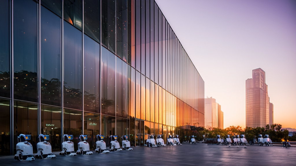 A high-tech office building in a future city with robots working outside, utilizing AI technology to optimize email automation tools for cross-border e-commerce customer acquisition.