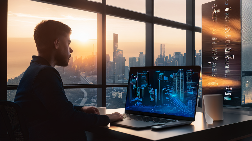 A young entrepreneur using AI technology for keyword optimization to boost search engine traffic for an independent store in a modern office.