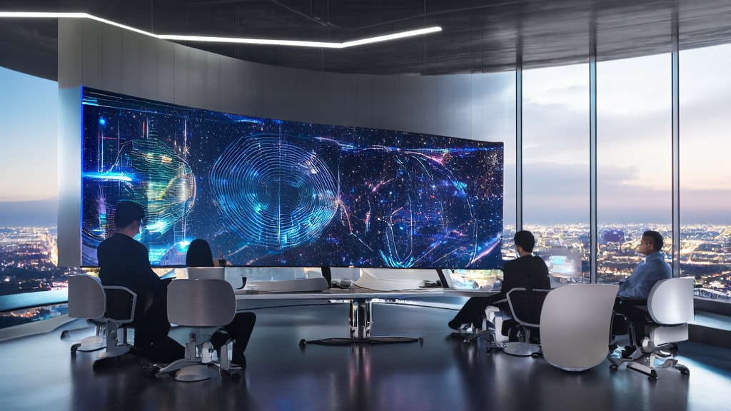 Technicians in a modern office using AI technology to optimize advertising, with a bustling city view outside the window