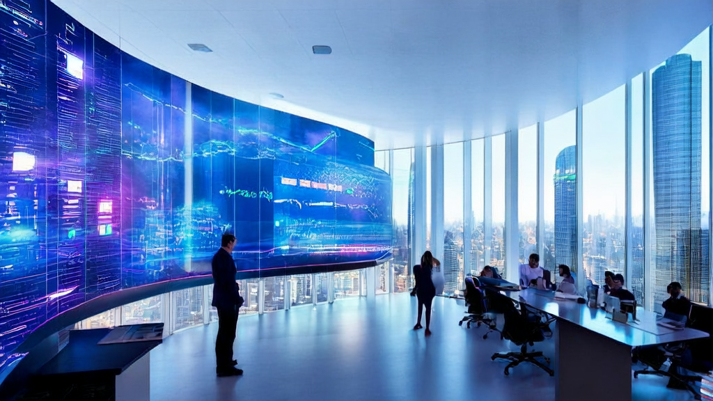 A tech company in a futuristic city is using AI for hyper-personalized email marketing to enhance customer experience and acquisition efficiency.