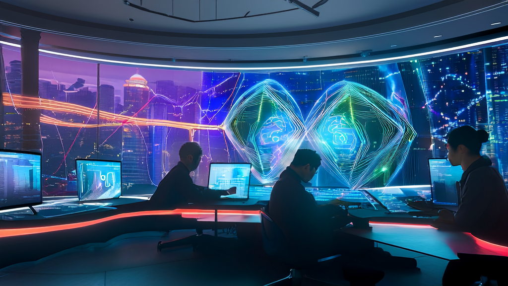 未来办公室中的程序员们正在利用AI技术进行个性化邮件营销，窗外是繁华的城市夜景