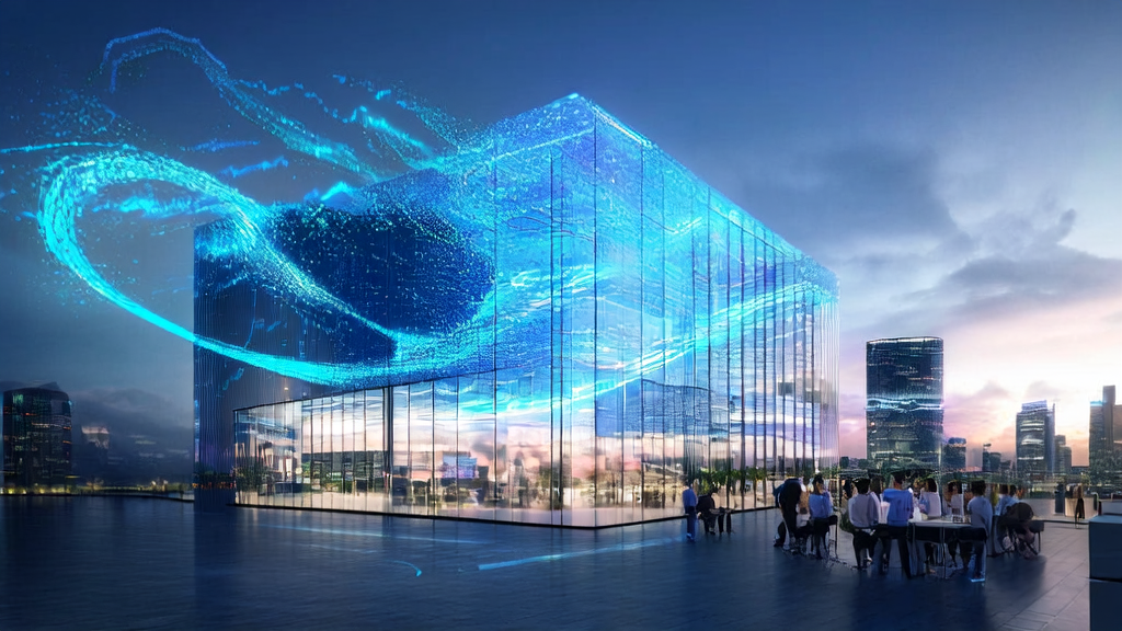 未来城市的现代化办公楼内，营销团队利用AI技术实现超个性化邮件营销与千人千面触达。