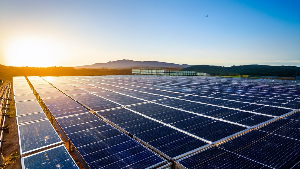 An engineer analyzing data with an AI customer acquisition tool in a solar power plant, surrounded by neatly arranged solar panels and golden sunlight.