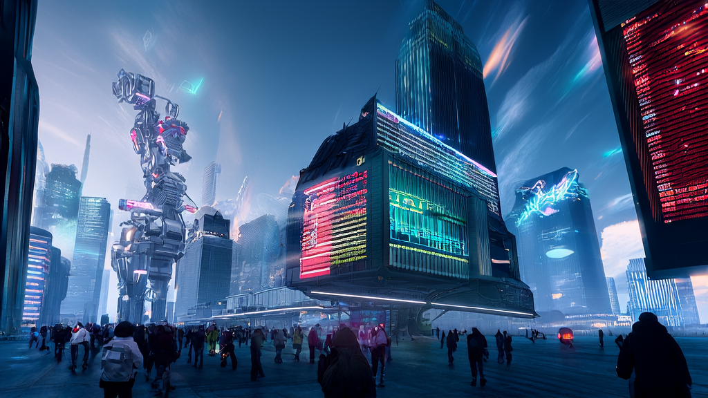 In a futuristic city, an AI robot analyzes Twitter data while displaying news about the Claude system prompt leak incident