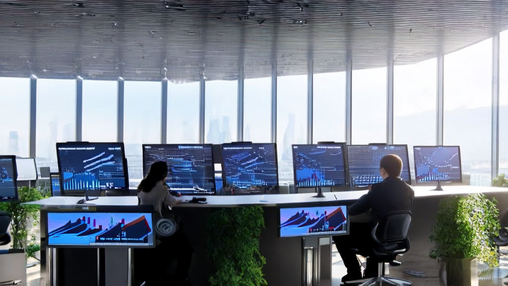 Modern office scene utilizing AI prediction models to screen quality customers
