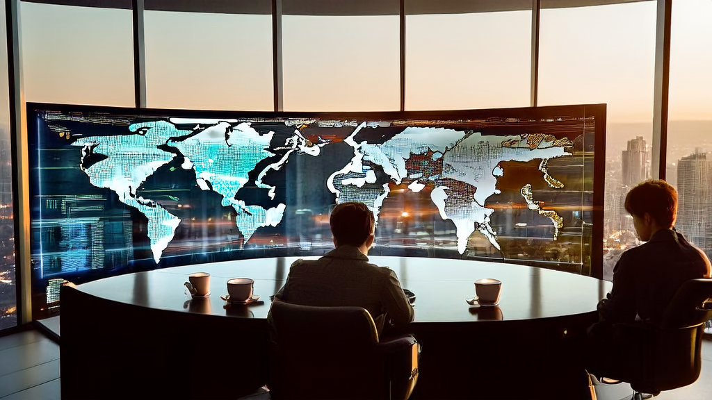 Young entrepreneurs in a modern office using Microsoft Phi-4 series models for customer data analysis, with a bustling cityscape in the background.