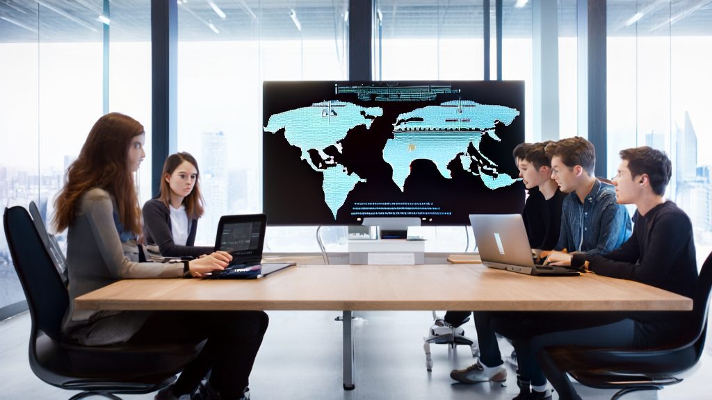 一群创业者在现代化办公室中使用昆仑万维的MindLink模型进行客户筛选