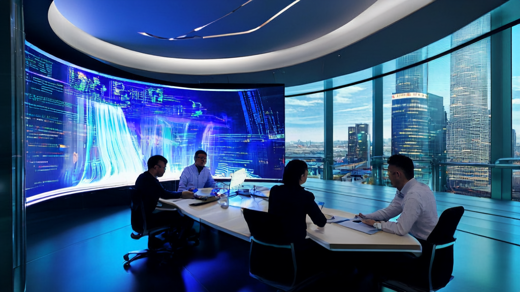 In a futuristic office, programmers are using AI prediction models to screen high-quality customers
