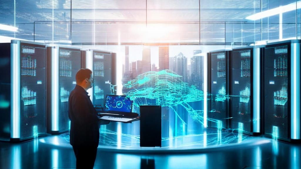 A futuristic office using AI prediction models for precise customer acquisition