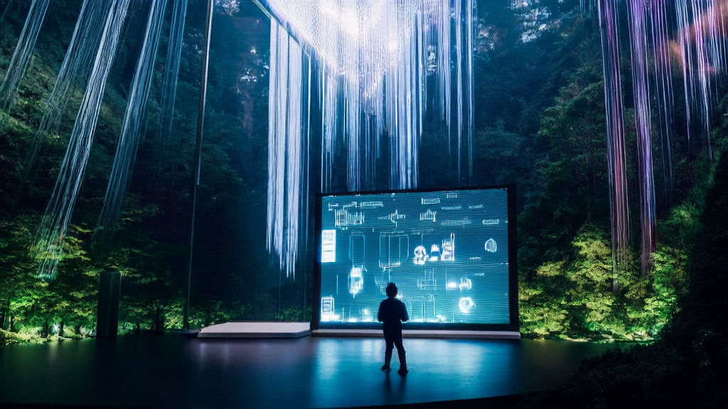 数字森林中的玻璃房内，创业者正在使用AI获客系统，屏幕显示Quora平台和扣子空间的界面。