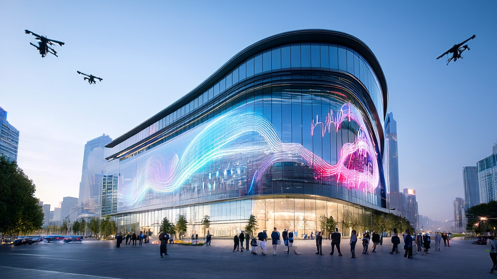 Alimama's URM General Recall Model displayed on a large transparent screen, with tech professionals discussing the application of AI predictive models