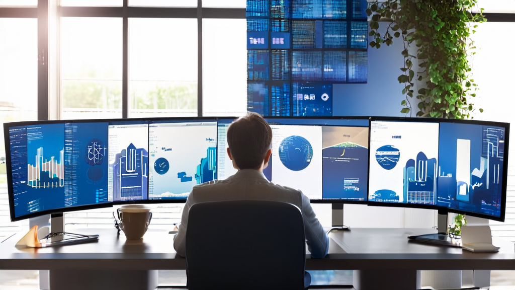 电商分析师在充满阳光的现代办公室中利用AI分析客户行为,提升销售业绩