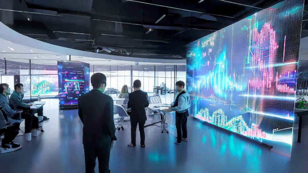 现代科技公司办公室内，数据科学家们正在使用AI技术进行客户数据采集，并与Getty Images讨论版权诉讼问题。