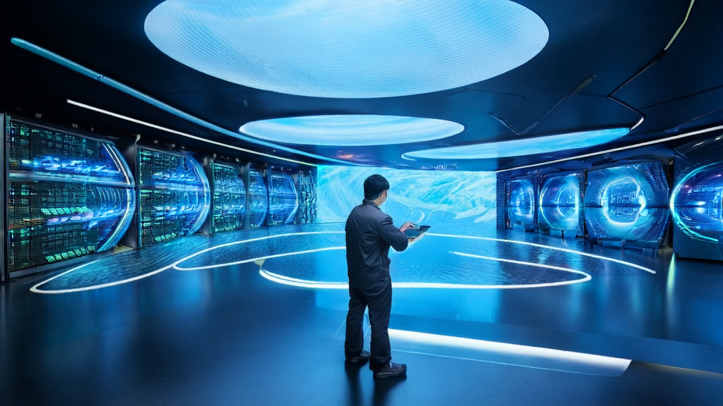 A technician monitors and cleans customer data in real-time using AI algorithms in a data center, with the Volcengine logo on the background wall