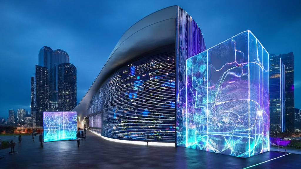AI技术在客户数据采集与获客效率提升中的应用场景，背景为未来城市的数据处理中心和超级计算机