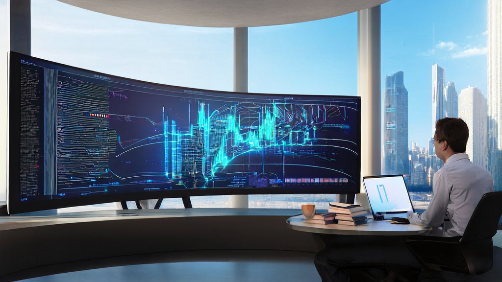 In a futuristic office, a data analyst uses AI technology for customer data collection and analysis, with the Perplexity AI's Comet browser interface displayed on the wall.