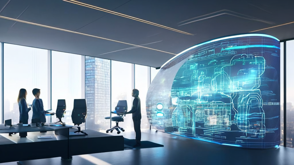 Futuristic office where employees use AI technology for customer data collection and analysis